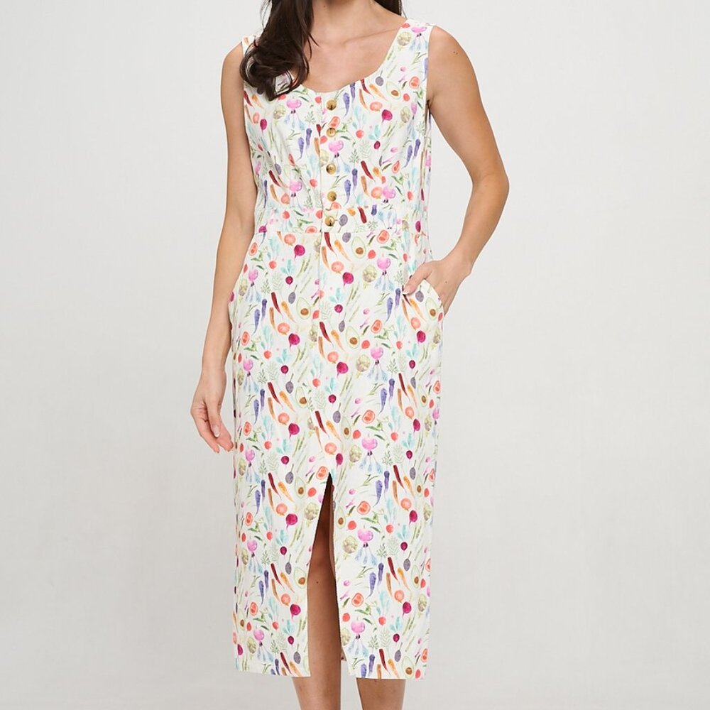 SM Wardrobe Cream Size Small Colorful Vegetable Print Midi Dress